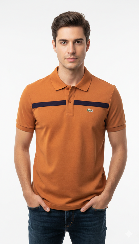 Lacoste Burnt Orange Cotton Polo with Navy Contrast Panels