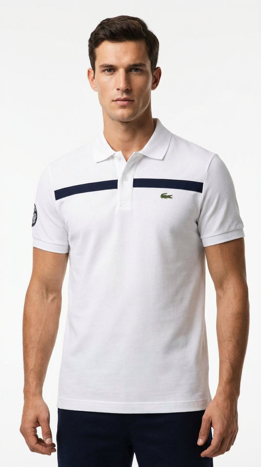 Lacoste Optic White Cotton Polo with Navy Contrast Panels