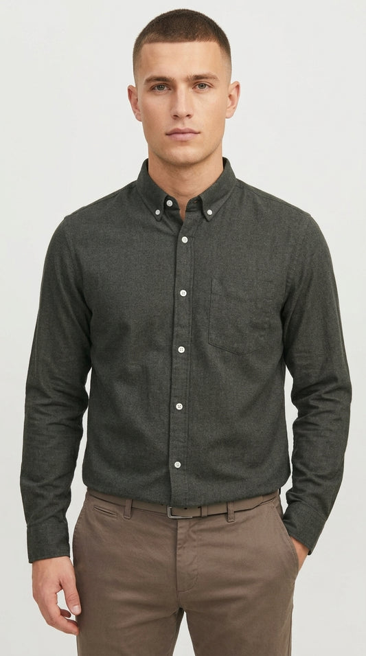 JACK & JONES Men’s Brushed Flannel Casual Shirt – Forest Green Melange
