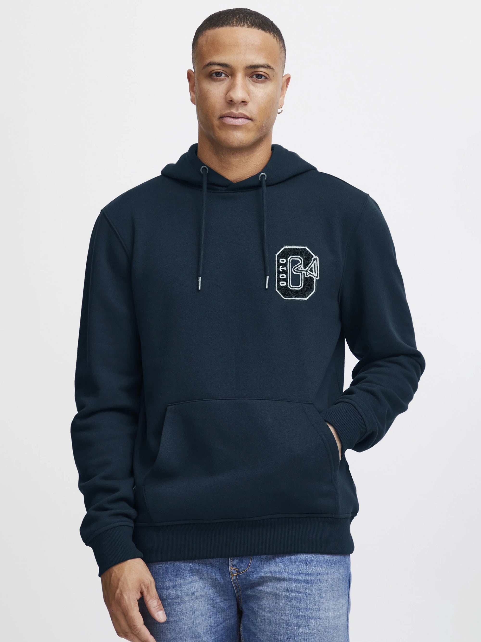 Men Embroidery Logo Navy Blue Hoodie