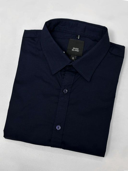 Men Plain Full Sleeves Navy Blue Casual Shirt