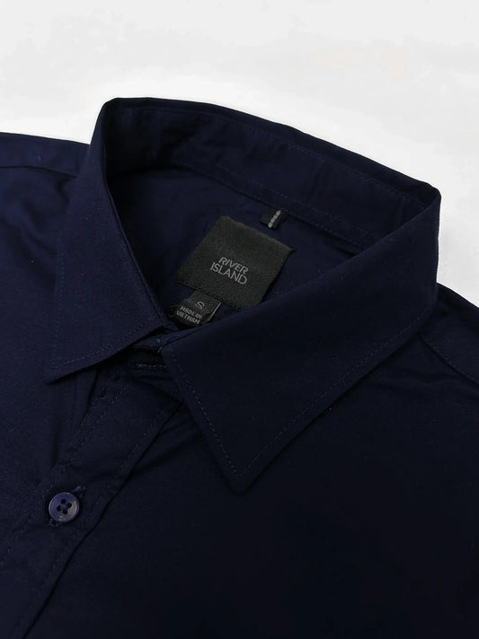 Men Plain Full Sleeves Navy Blue Casual Shirt