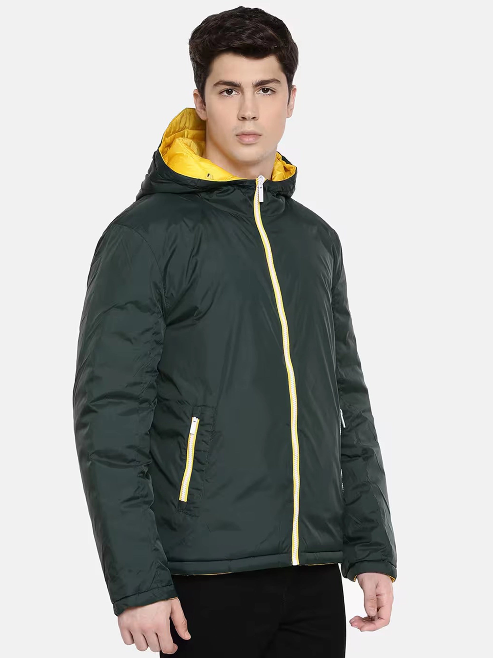 Men Quilted Reversible Zip-Front Jacket with Hood