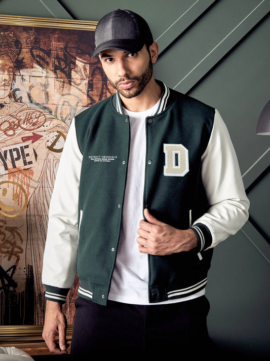 Men's Badge Detail Felt Green Baseball Jacket
