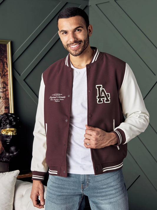Men's Badge Detail Felt Maroon Baseball Jacket