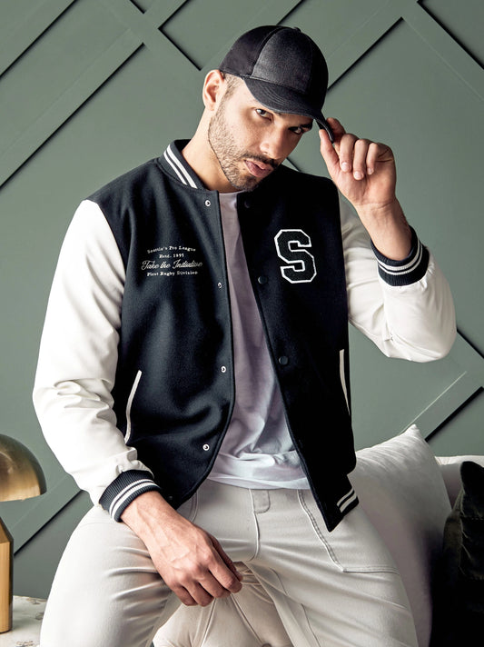 Men's Badge Detail Felt Navy Blue Baseball Jacket