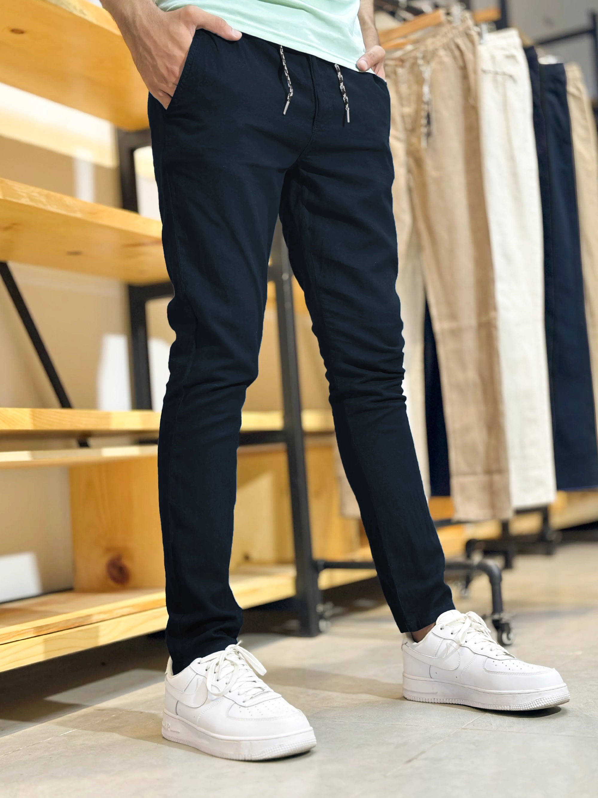 Men's Cotton Linen Stretch Navy Blue Trouser