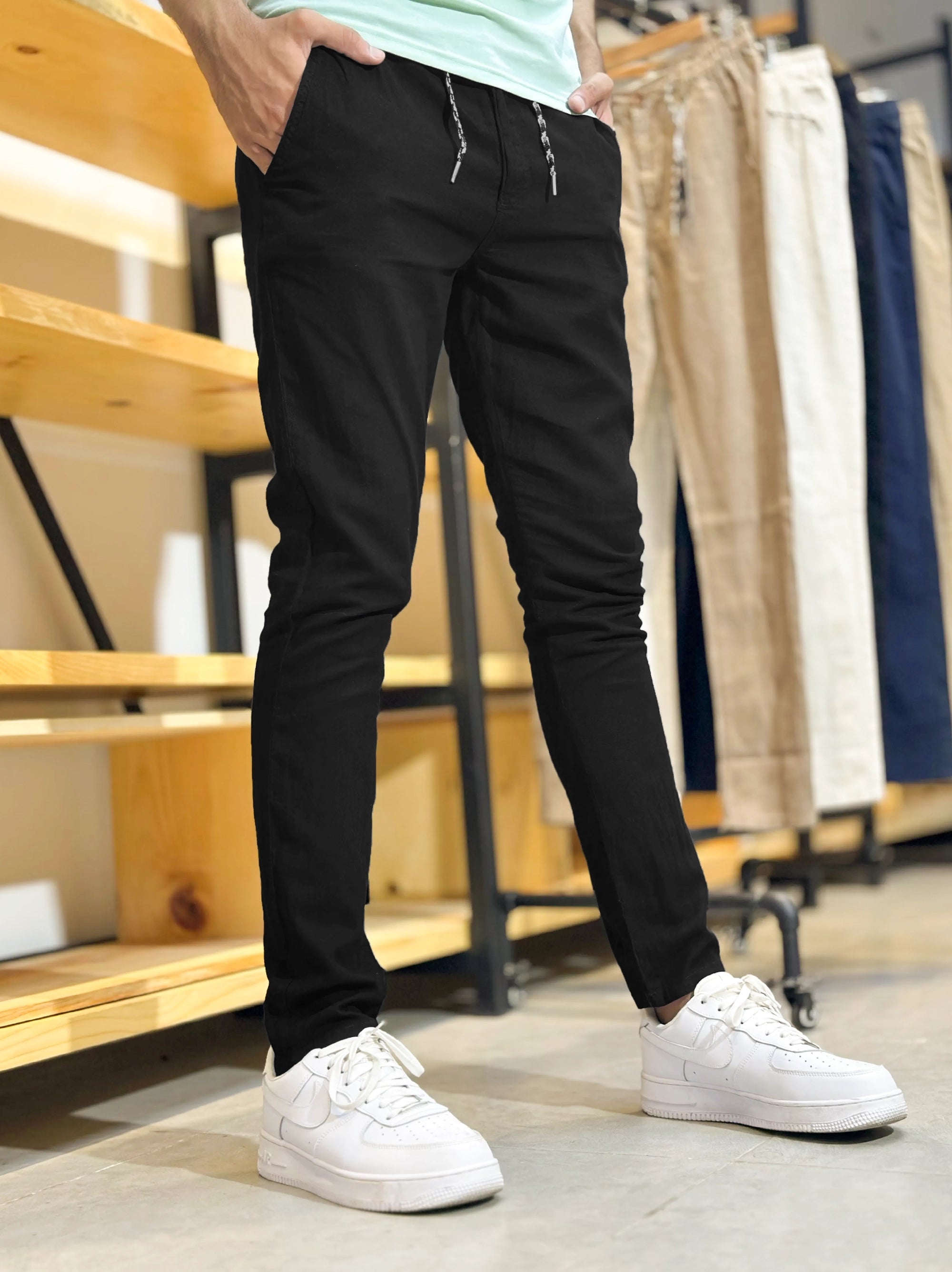 Men's Cotton Linen Stretch Black Trouser