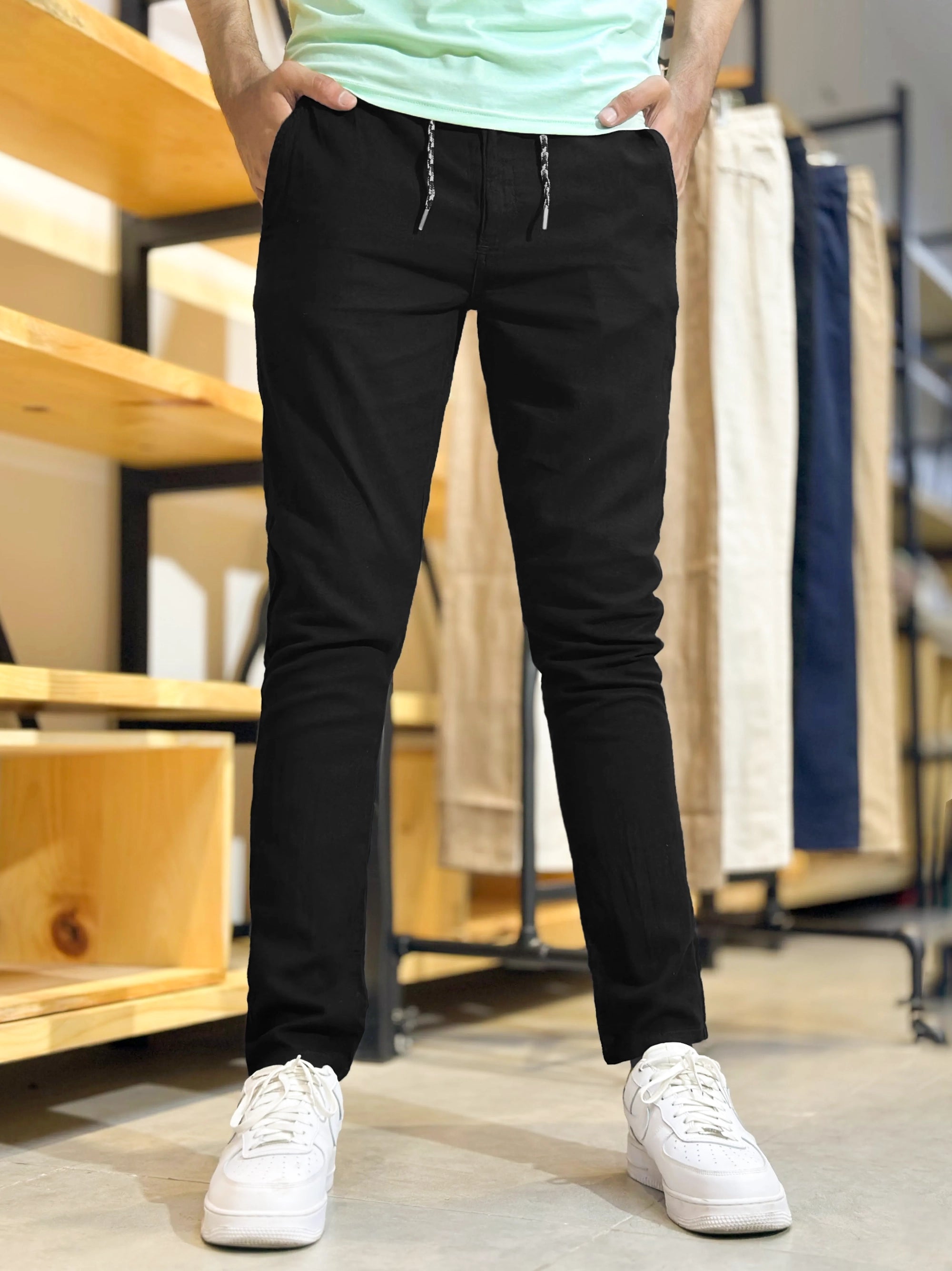 Men's Cotton Linen Stretch Black Trouser