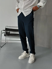 Men's Cotton Linen Navy Blue Trouser