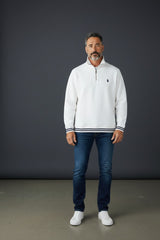 White Men's Polo Quarter-Zip Ribbed Sweatshirt