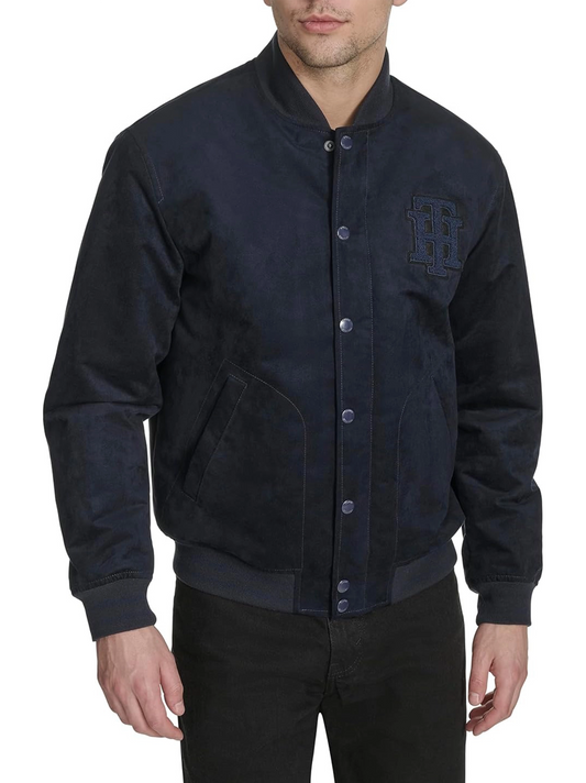 T|H Faux Suede Logo Varsity Bomber Navy Blue Jacket