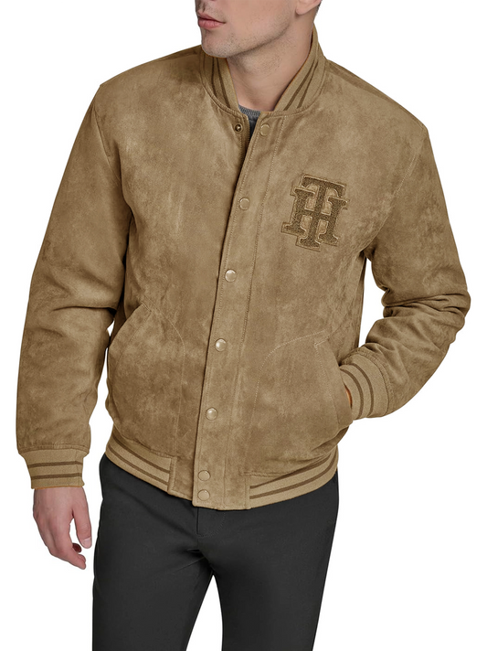 T|H Faux Suede Logo Varsity Bomber Camel Jacket