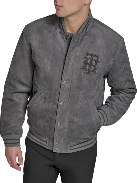 T|H Faux Suede Logo Varsity Bomber Gray Jacket