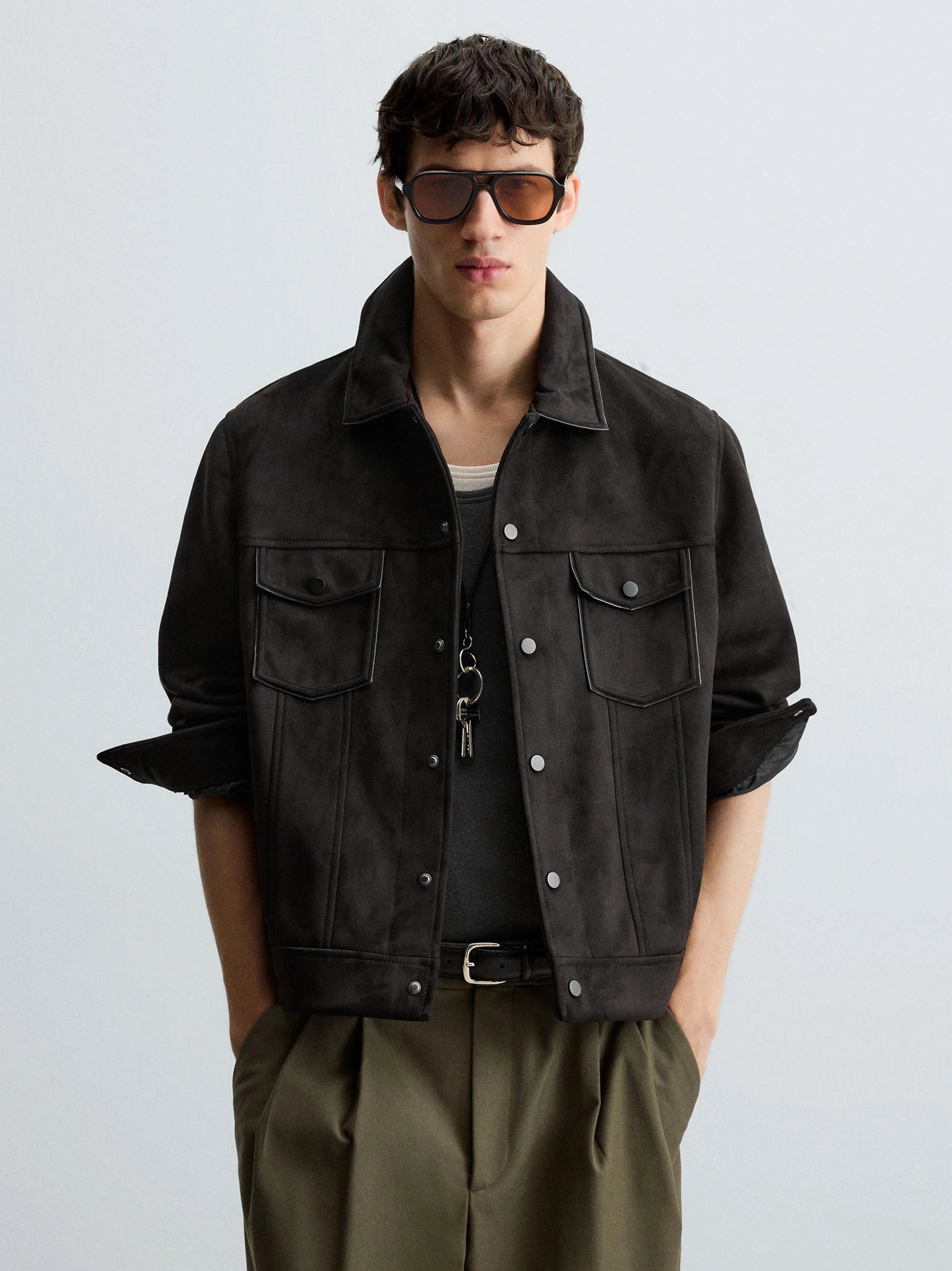 ZR Double Pocket Faux Suede Leather Black Jacket