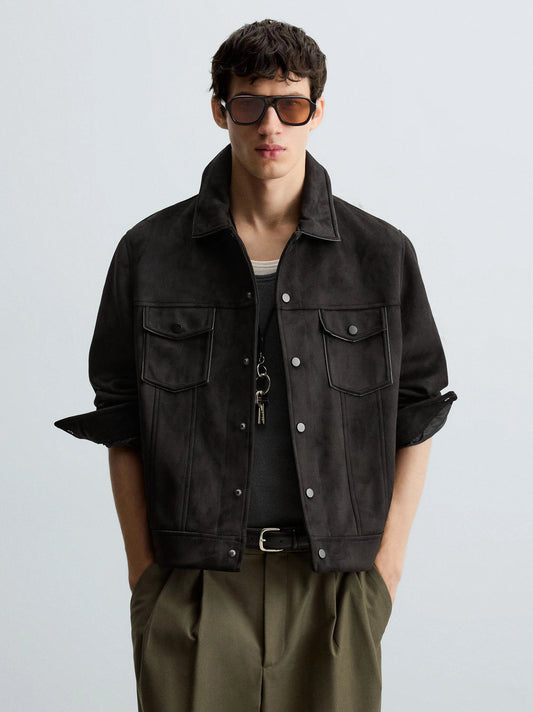 ZR Double Pocket Faux Suede Leather Black Jacket