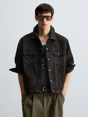 ZR Double Pocket Faux Suede Leather Black Jacket