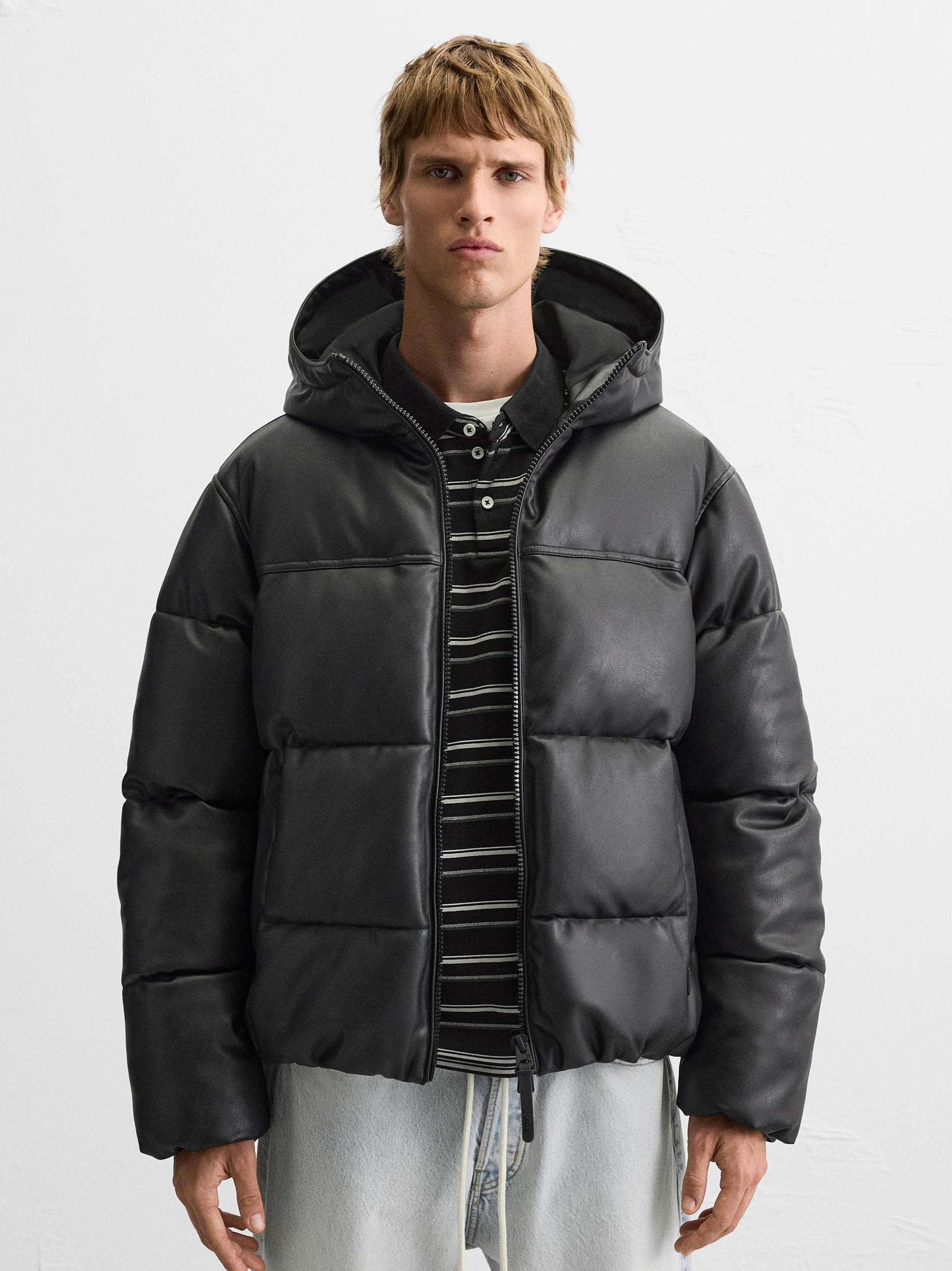 Zara Leather Padded Puffer Black Jacket