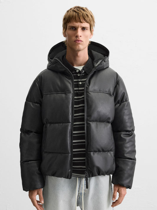 Zara Leather Padded Puffer Black Jacket