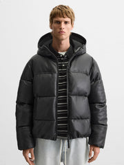 Zara Leather Padded Puffer Black Jacket