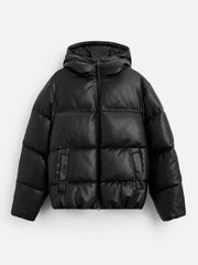 Zara Leather Padded Puffer Black Jacket