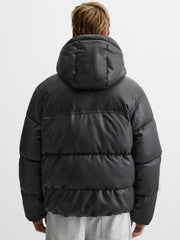 Zara Leather Padded Puffer Black Jacket