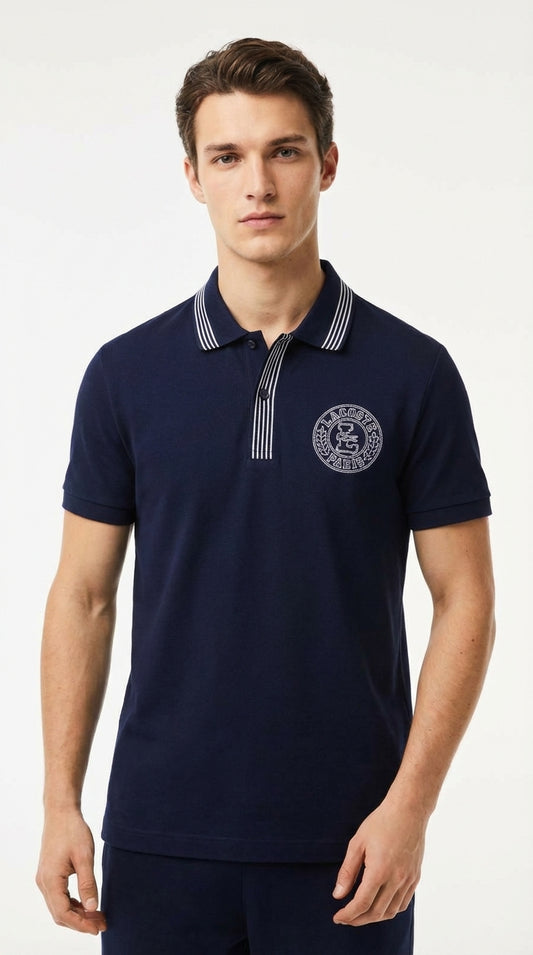 Lacoste Heritage Navy Paris Crest Polo with Multi-Striped Collar