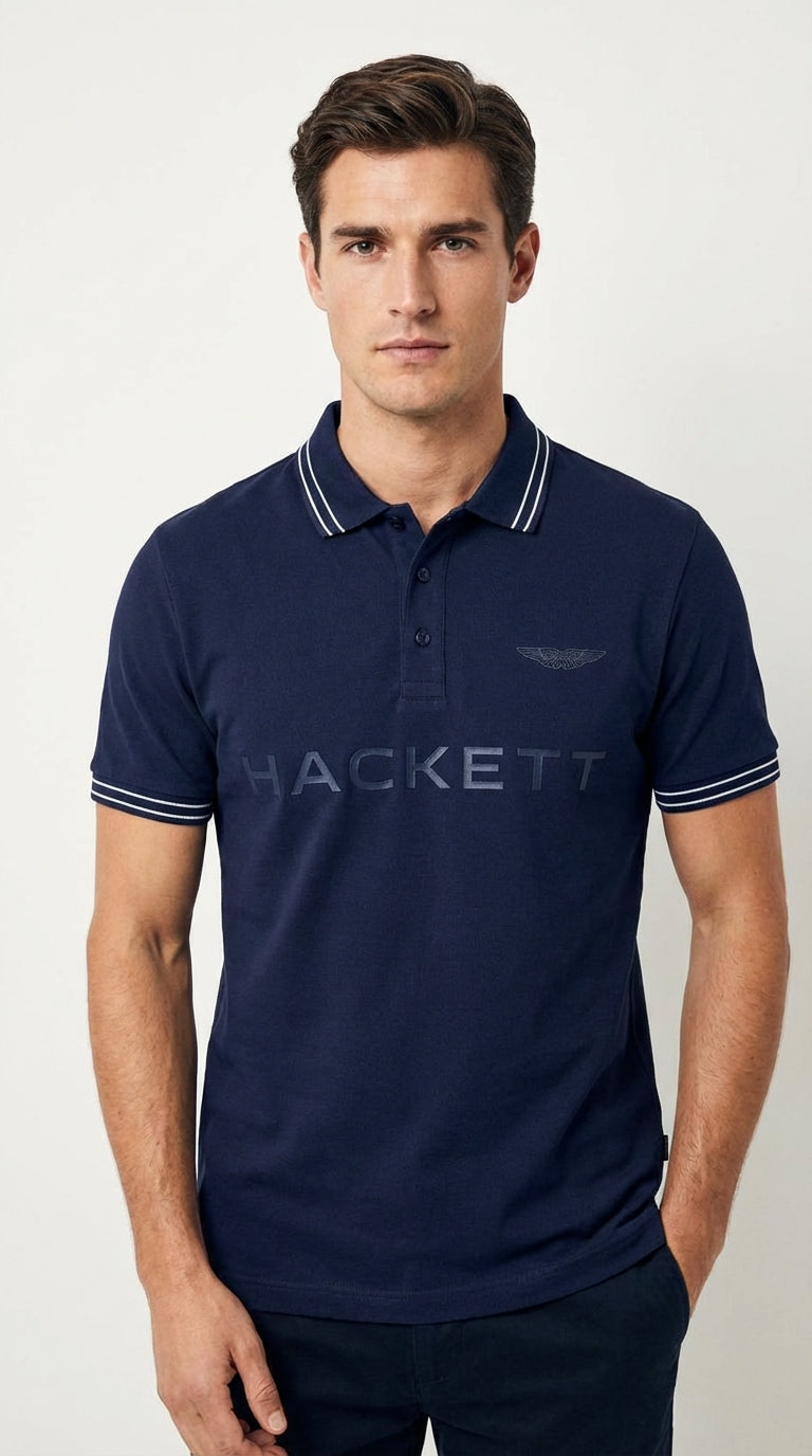Hackett Navy Blue Contrast-Tip Cotton Polo