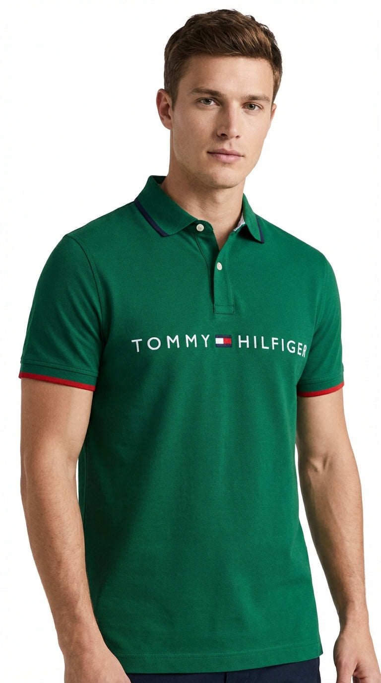 Tommy Hilfiger Essential: Pine Green Linear Logo Cotton Polo