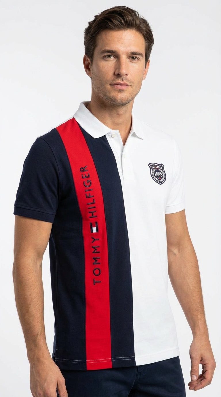 Tommy Hilfiger Global Stripe: Navy & White Vertical Panel Polo