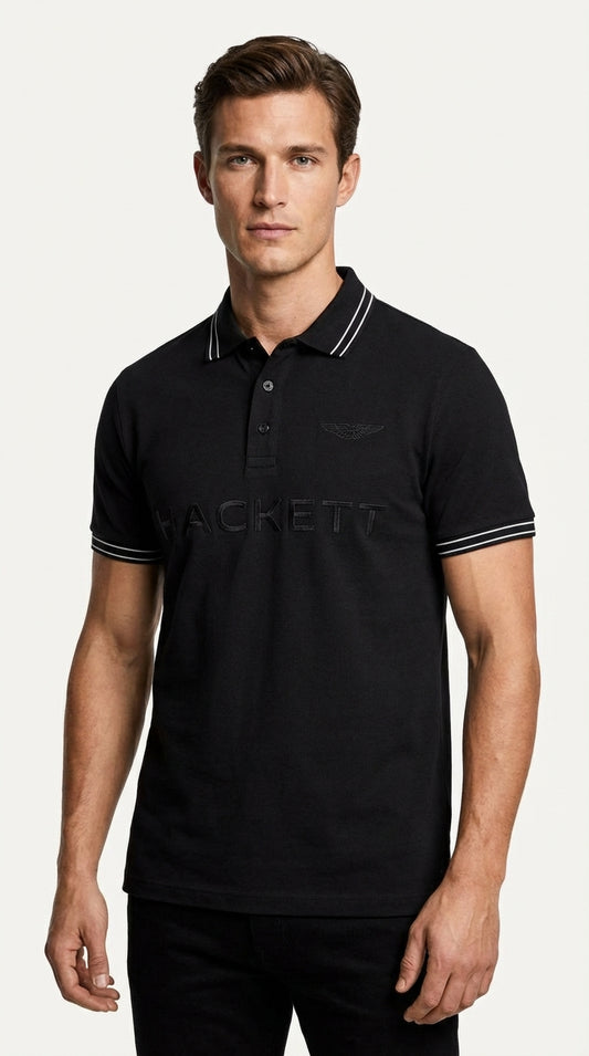 Hackett Jet Black Tonal Embroidered Cotton Polo