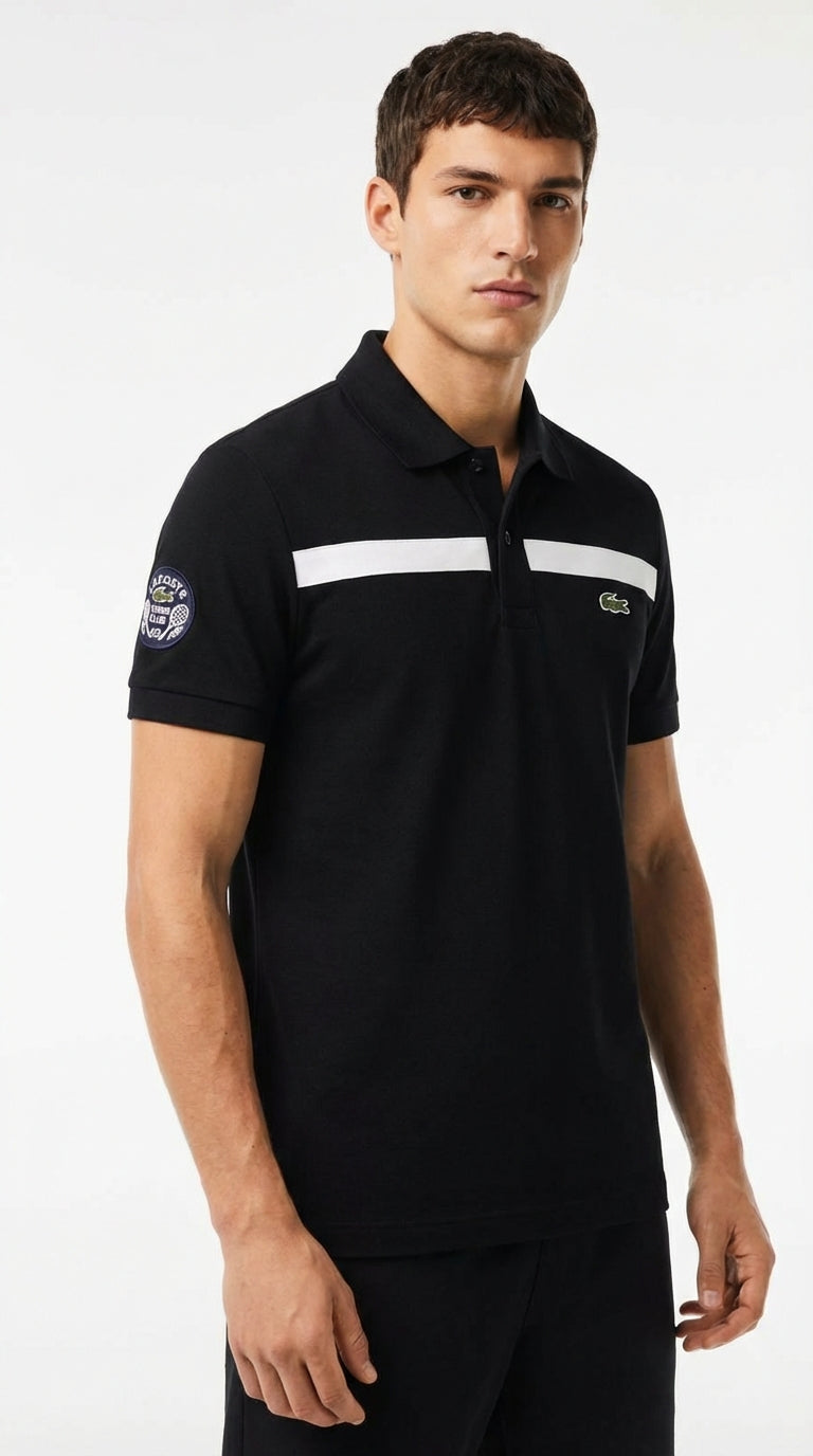 Lacoste Black Cotton Polo with Navy Contrast Panels