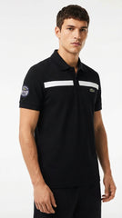 Lacoste Black Cotton Polo with Navy Contrast Panels