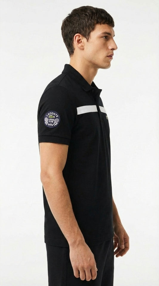 Lacoste Black Cotton Polo with Navy Contrast Panels