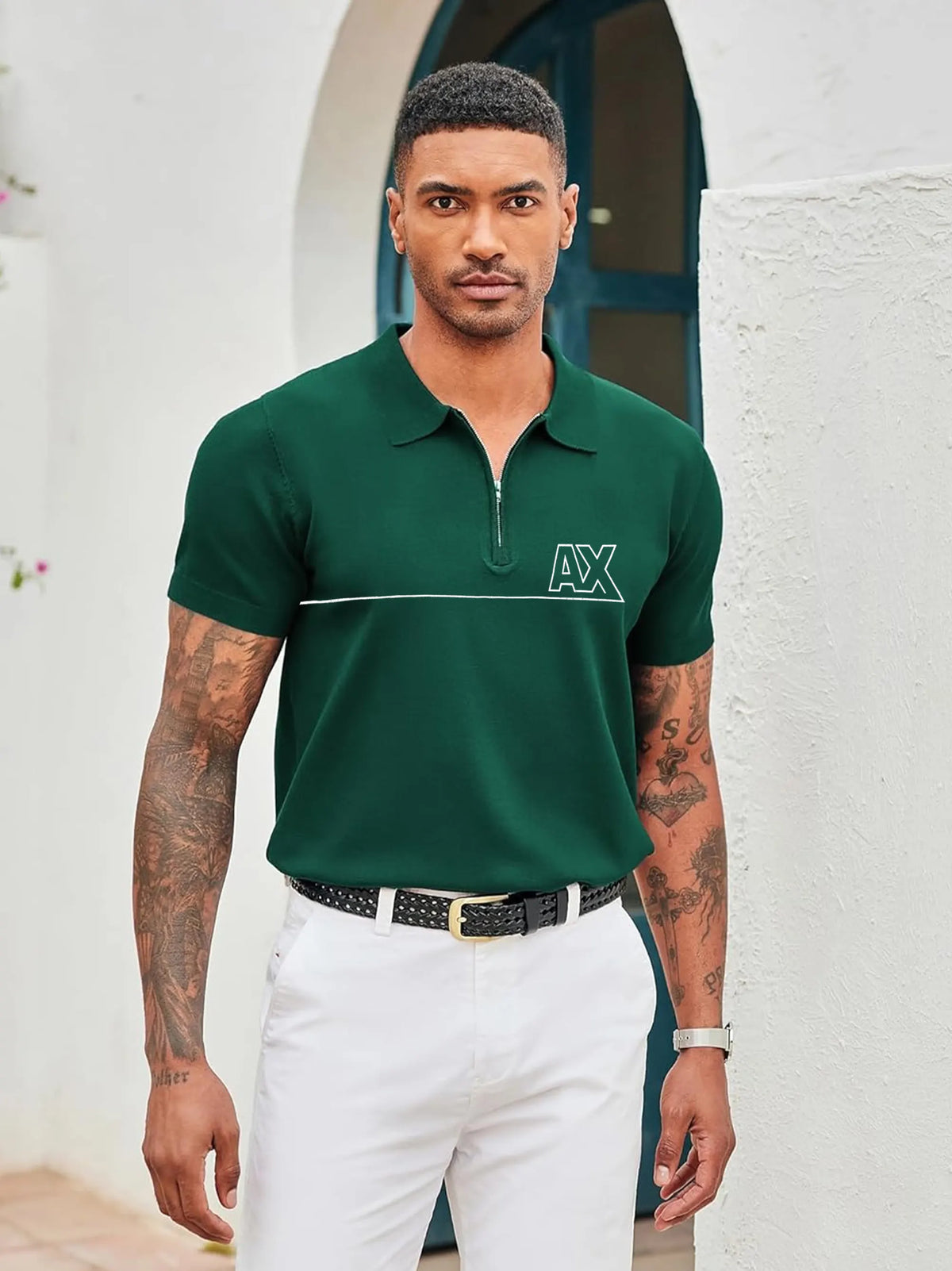 AX Men's Short Sleeve Zip Green Polo Shirt