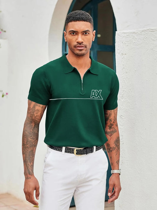 AX Men's Short Sleeve Zip Green Polo Shirt