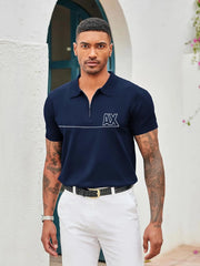 AX Men's Short Sleeve Zip Navy Blue Polo Shirt