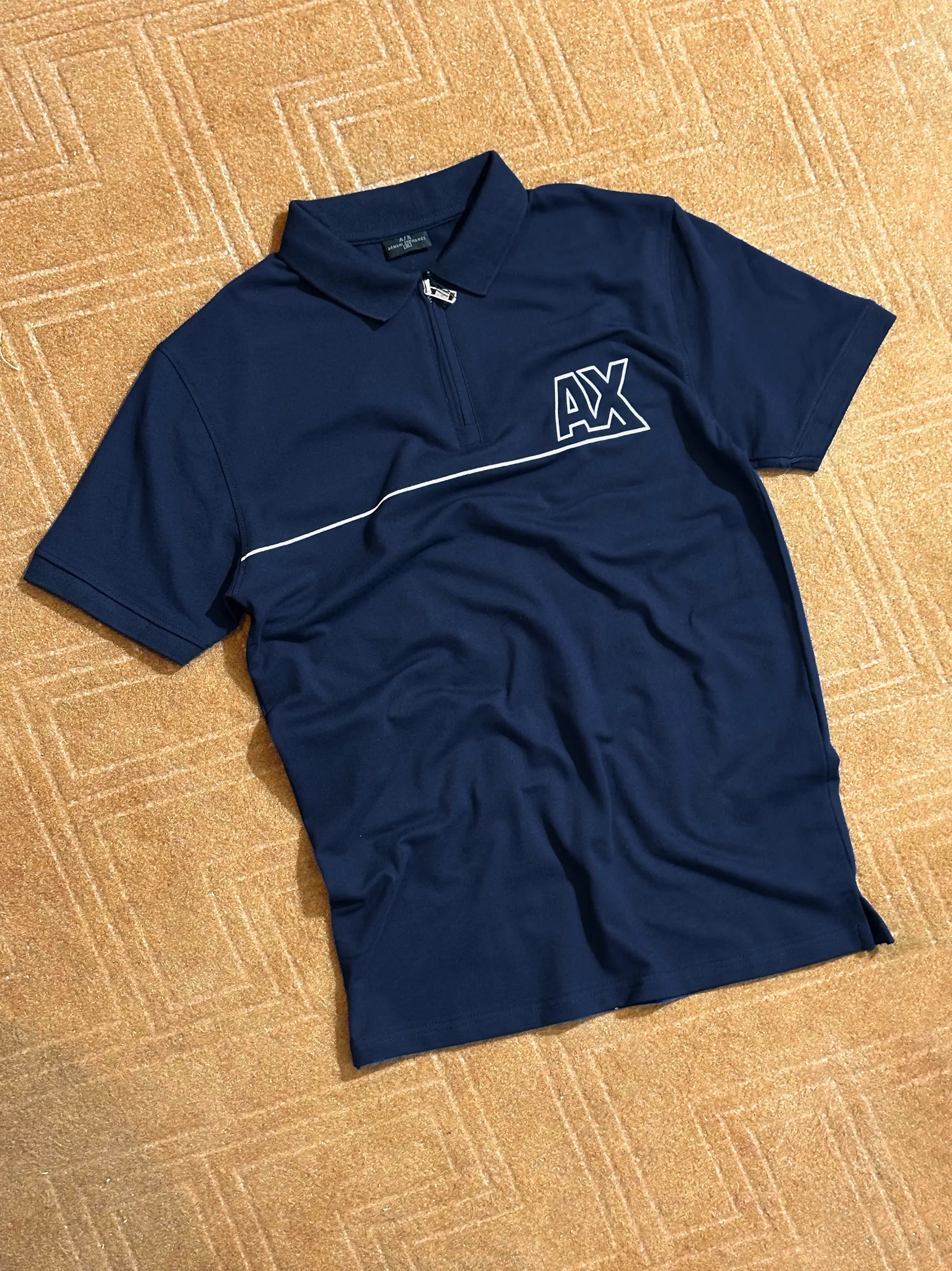 AX Men's Short Sleeve Zip Navy Blue Polo Shirt