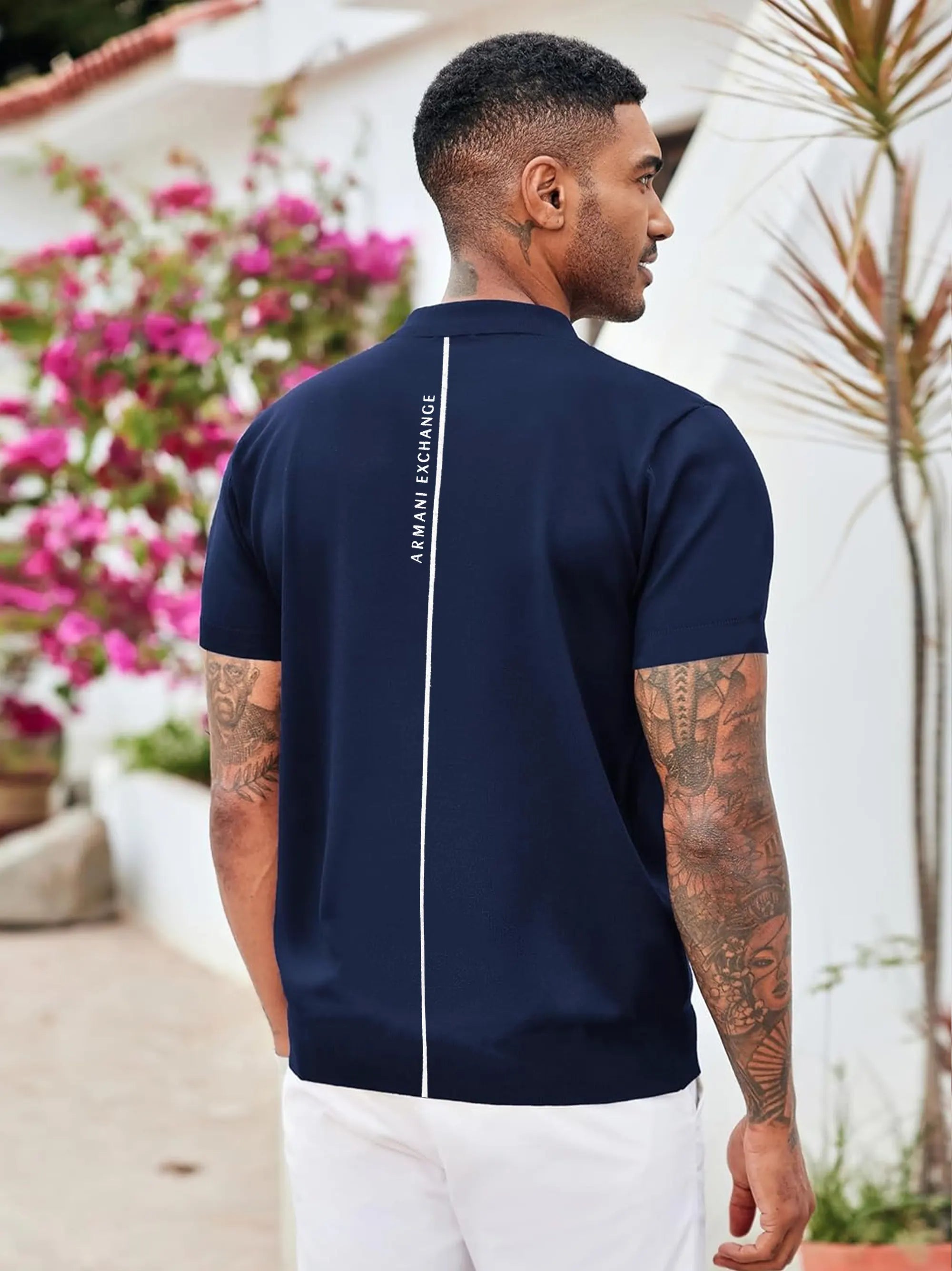 AX Men's Short Sleeve Zip Navy Blue Polo Shirt