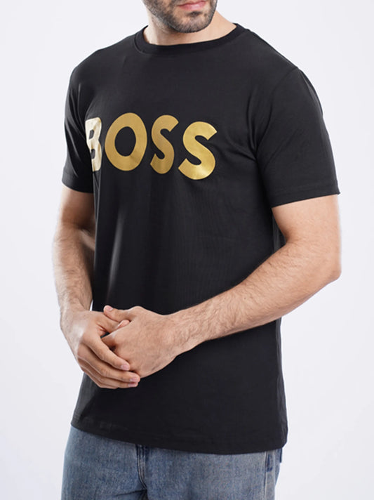 BOSS Mens Gold Logo Short Sleeve Black T-Shirt