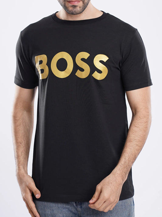 BOSS Mens Gold Logo Short Sleeve Black T-Shirt