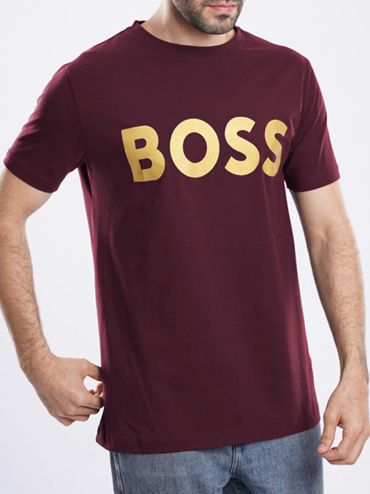 BOSS Mens Gold Logo Short Sleeve Maroon T-Shirt