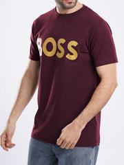 BOSS Mens Gold Logo Short Sleeve Maroon T-Shirt