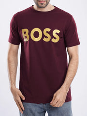 BOSS Mens Gold Logo Short Sleeve Maroon T-Shirt