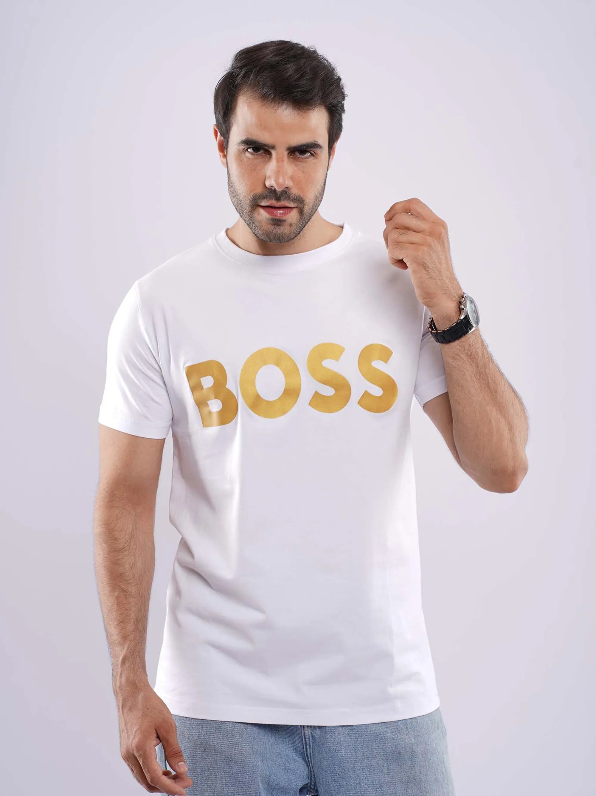 BOSS Mens Gold Logo Short Sleeve White T-Shirt