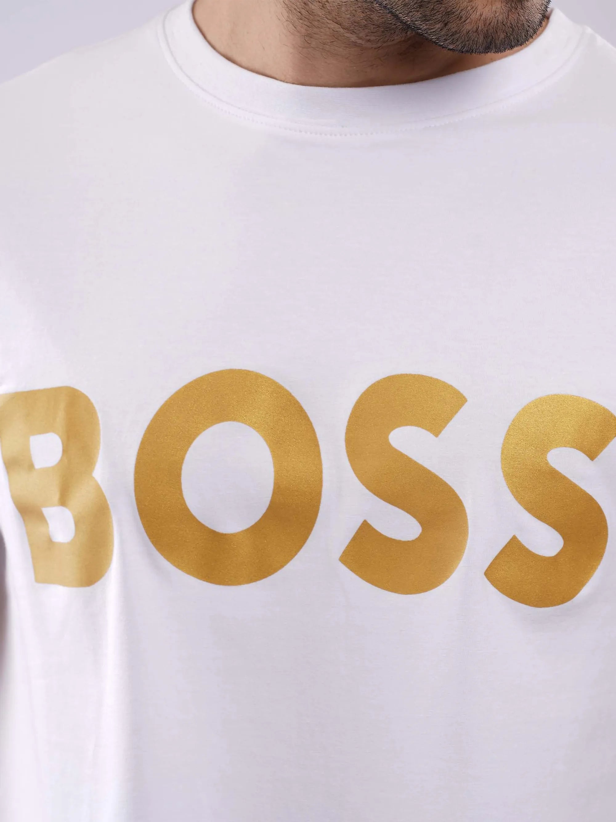 BOSS Mens Gold Logo Short Sleeve White T-Shirt