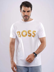 BOSS Mens Gold Logo Short Sleeve White T-Shirt