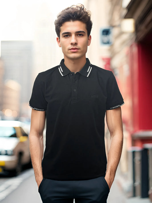 Boss Logo Flat Knit Collar Black Polo Shirt