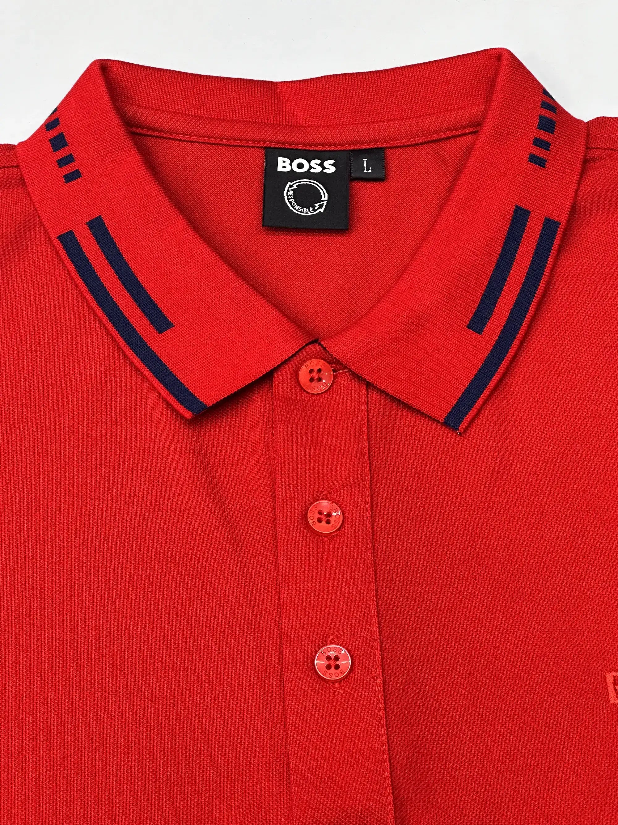 Boss Logo Flat Knit Collar Red Polo Shirt