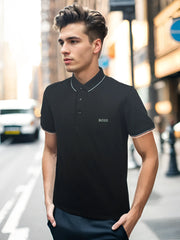 Boss Multicoloured Rib Logo Black Polo Shirt